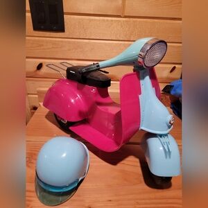 Our Generation Pink and Blue Doll Size Motorcycle Scooter Toy & Helmet